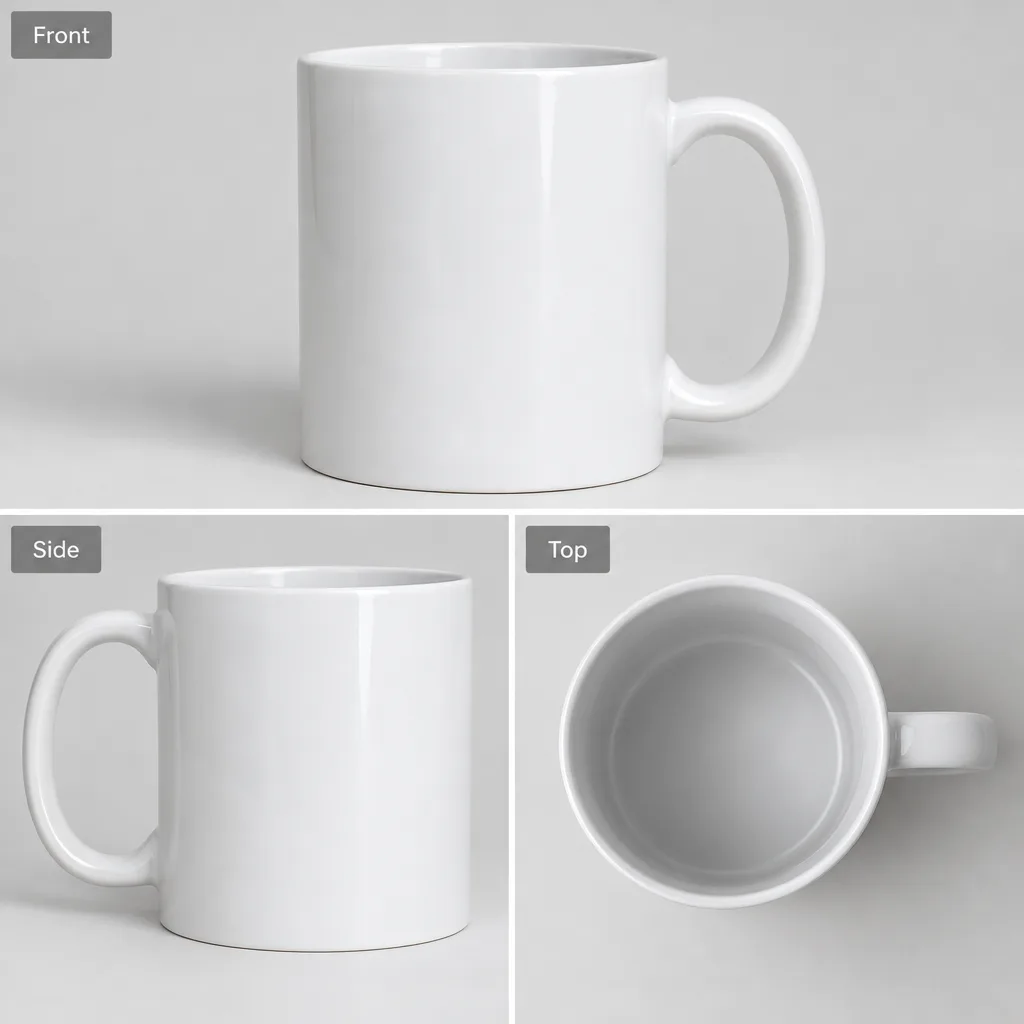 Input photo: A sheet with three labelled views of a plain white mug: front, side and top.
