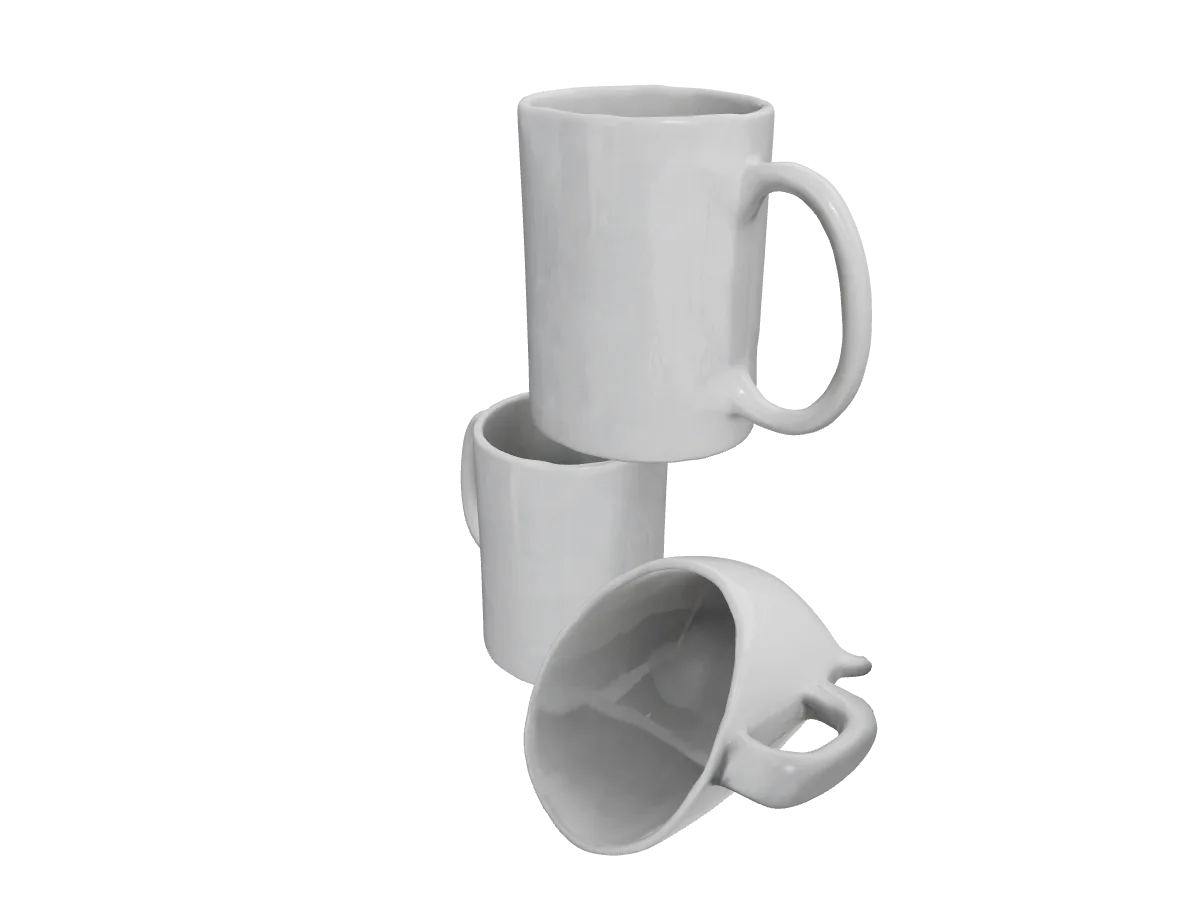 3D model of three stacked white mugs, a weaker Hyper3D Rodin result from a three-view sheet
