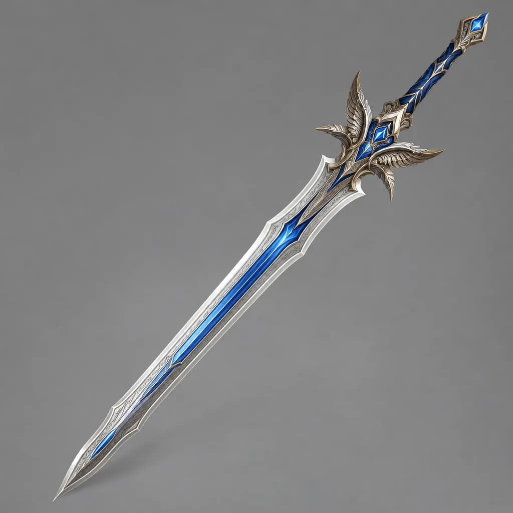 Input photo: A concept illustration of a longsword with a blue blade and a winged crossguard, on a plain grey background.