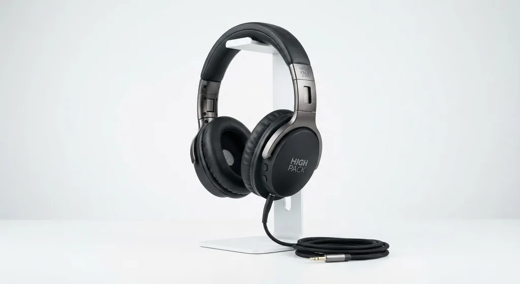 Input photo: A product photo of black over-ear headphones on a white stand, with a coiled cable in front.