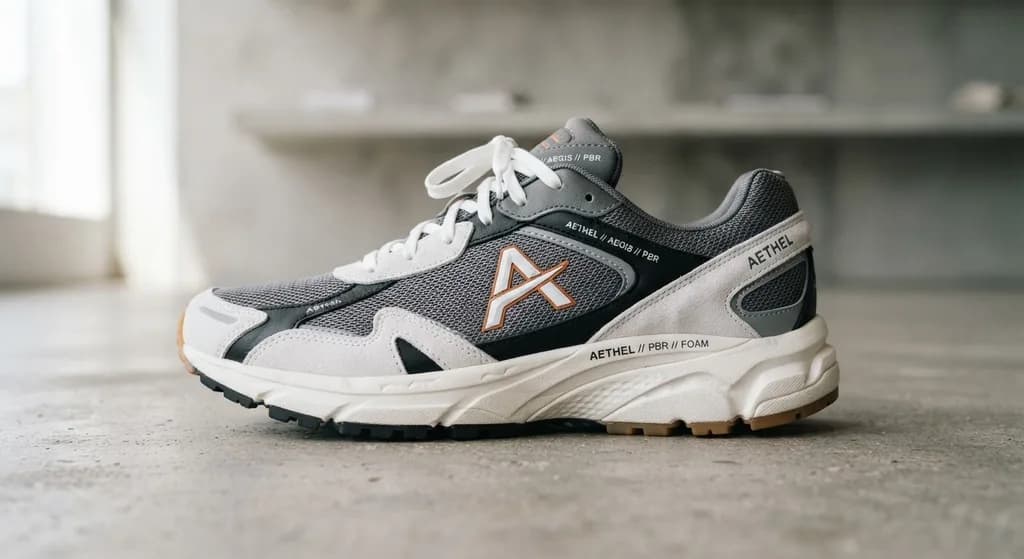 Input photo: A side-on product photo of a grey and white running sneaker on a concrete floor.