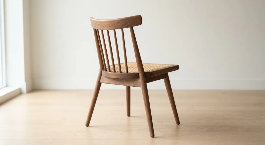 Input photo: A rear three-quarter photo of a walnut chair with a cane seat, on a light wood floor.