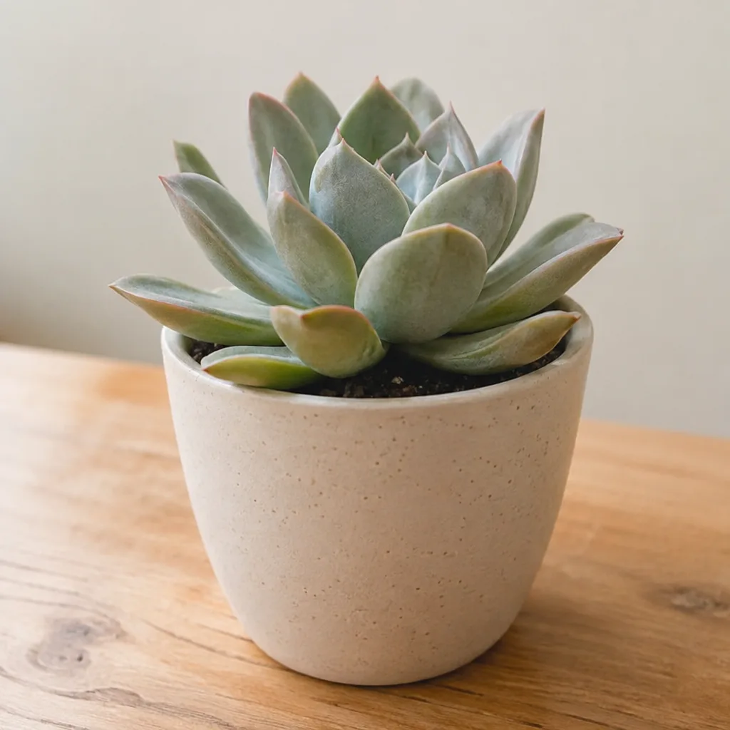 Input photo: A photo of a small succulent in a beige ceramic pot on a wooden table.