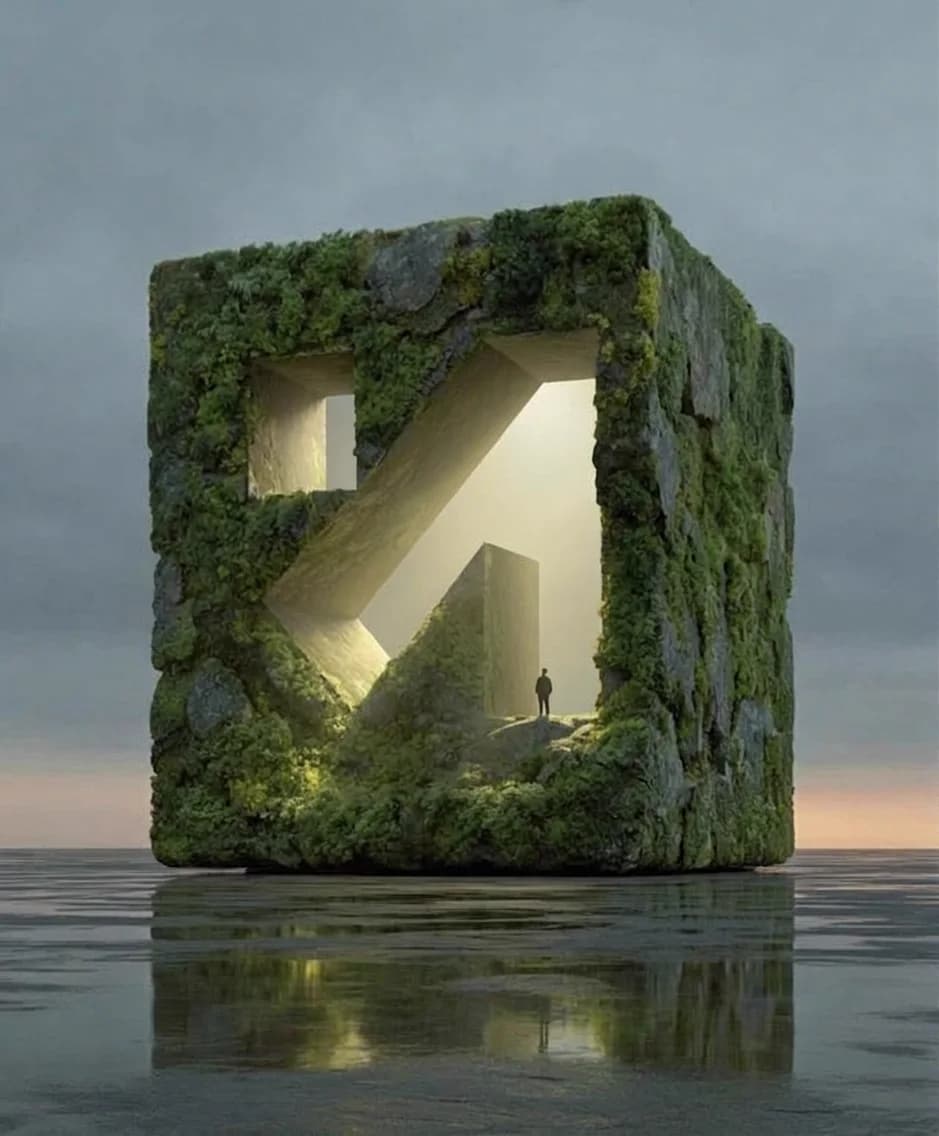 A moss-covered cube with the trendshiftlabs mark cut through it, standing in still water