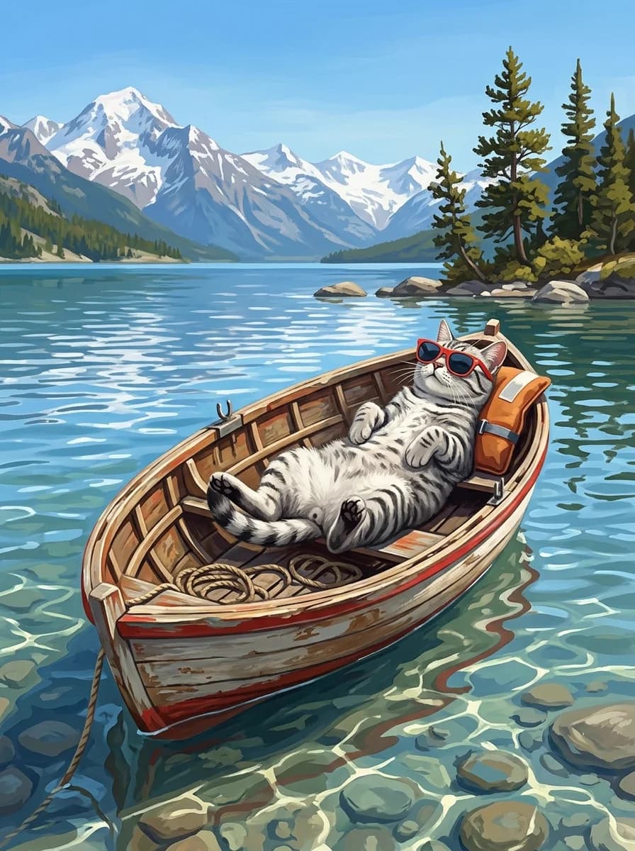 A cat asleep in a rowing boat on a clear lake