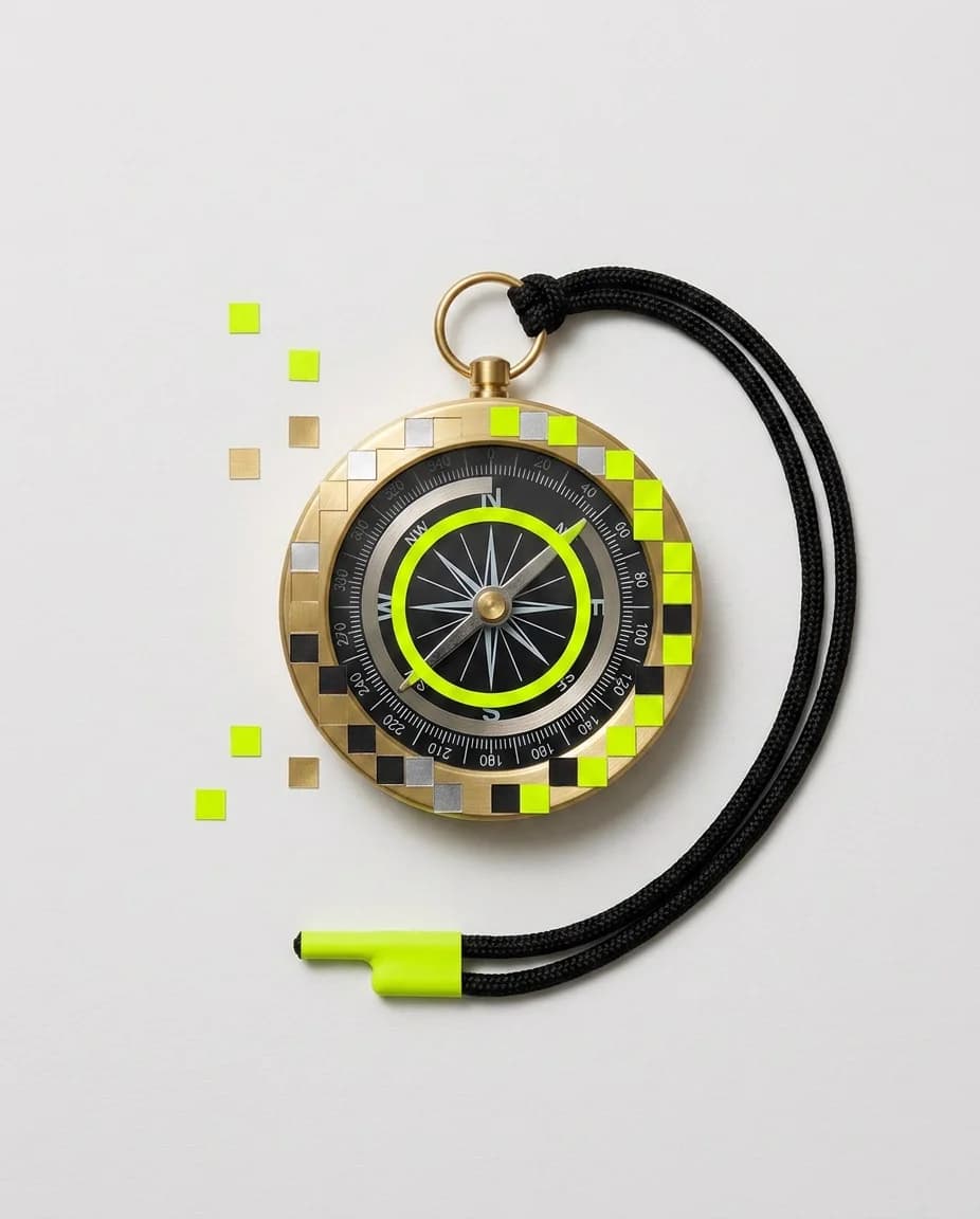 A brass compass breaking into lime and gold pixels
