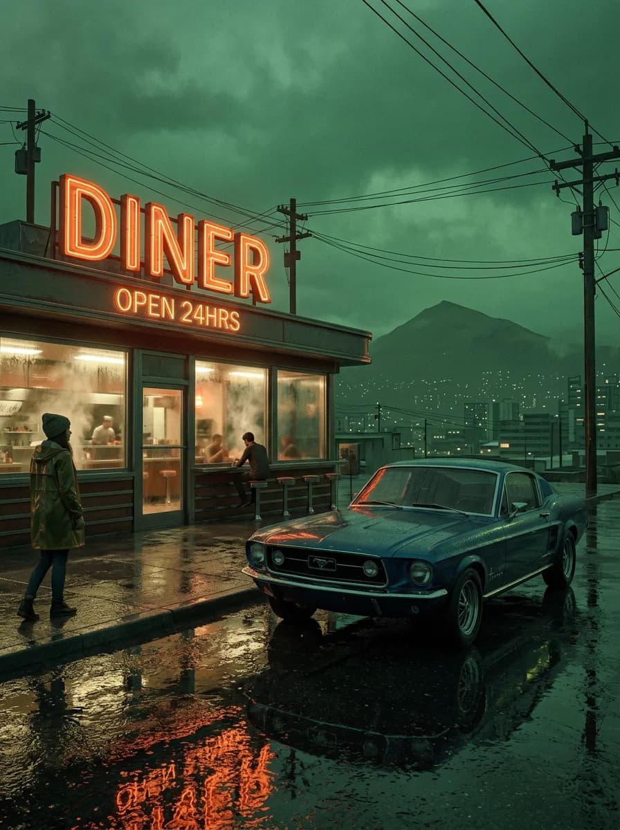 A roadside diner at night in the rain
