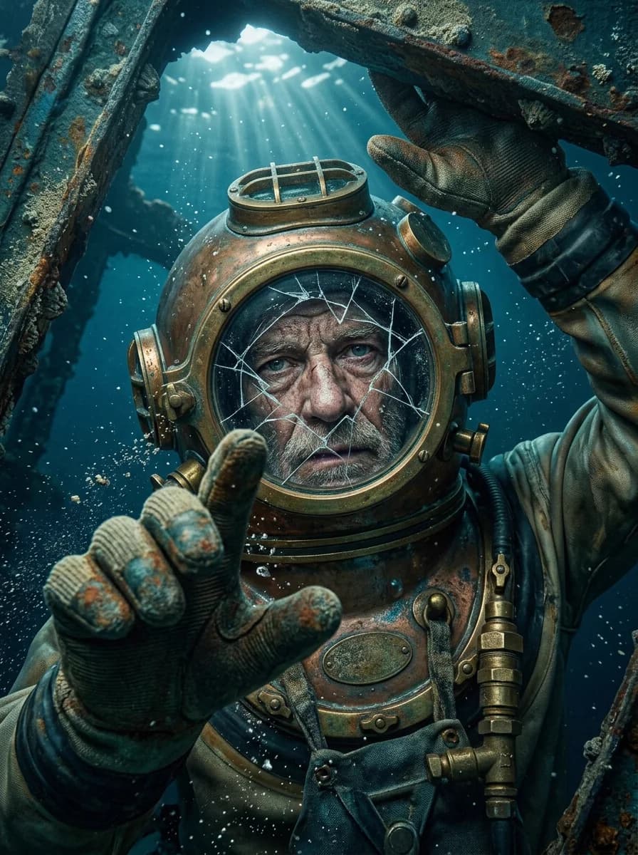 An old diver in a brass helmet reaching out underwater