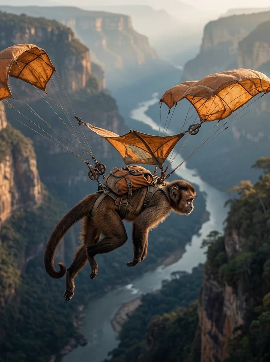 A winged creature flying over a canyon
