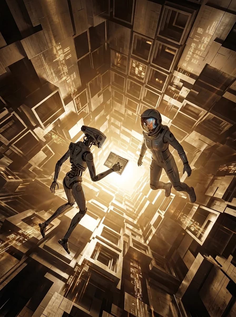 Two figures floating through a tunnel of glowing cubes