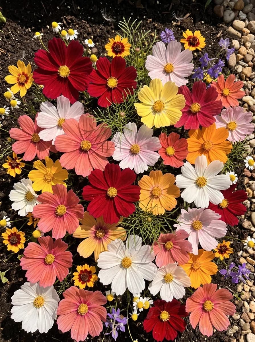 A carpet of red, pink and white flowers