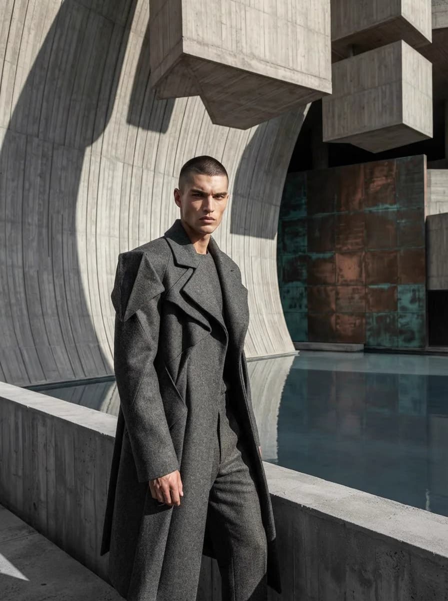 Man in a long grey coat by concrete architecture