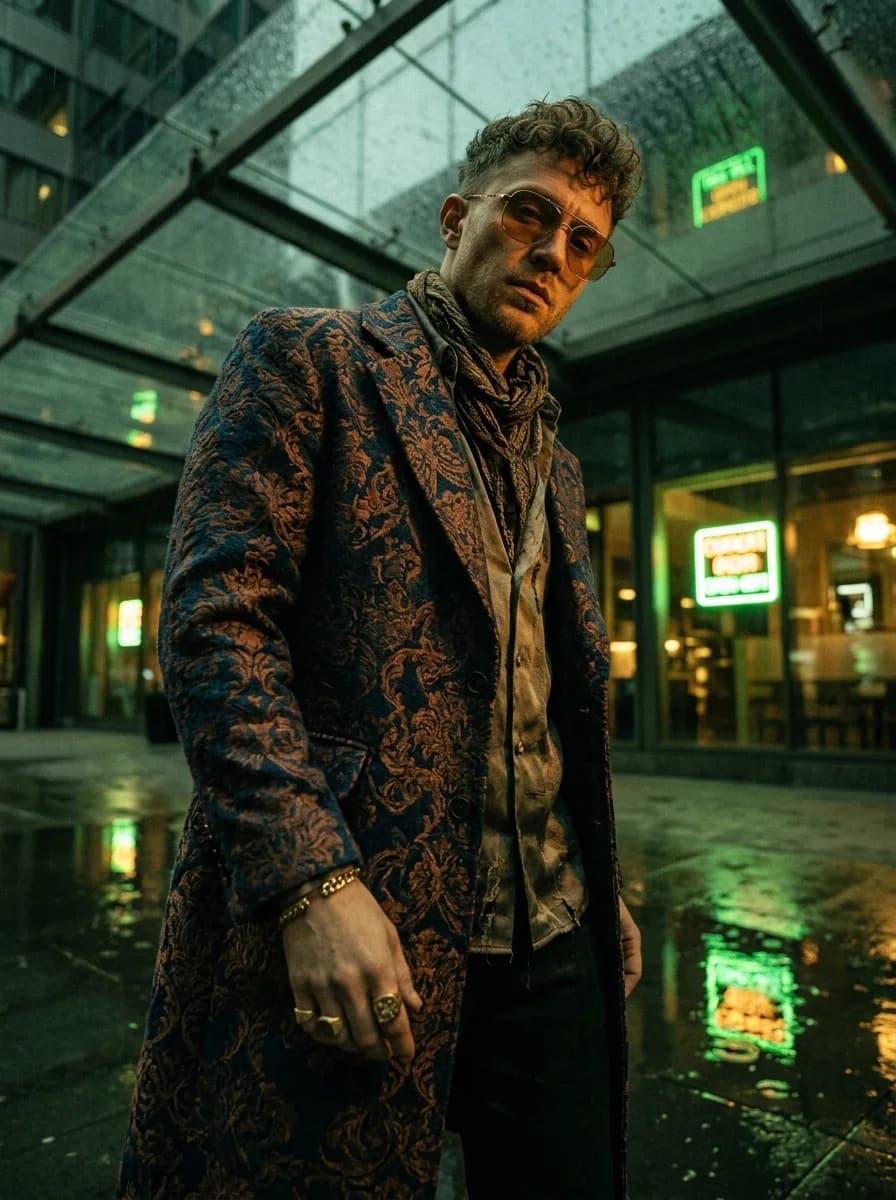 Man in a patterned coat outside a diner at night