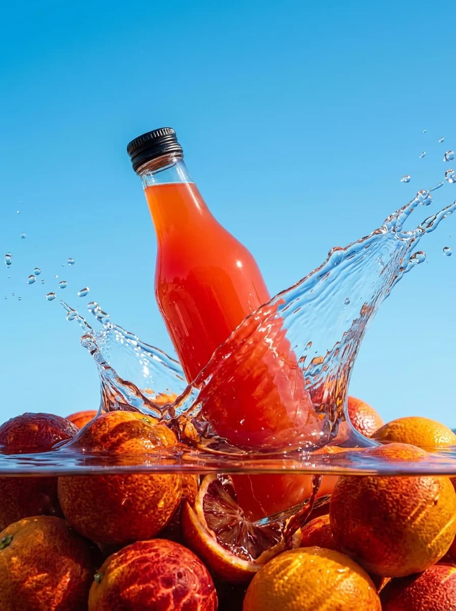 Orange soda bottle splashing into peaches