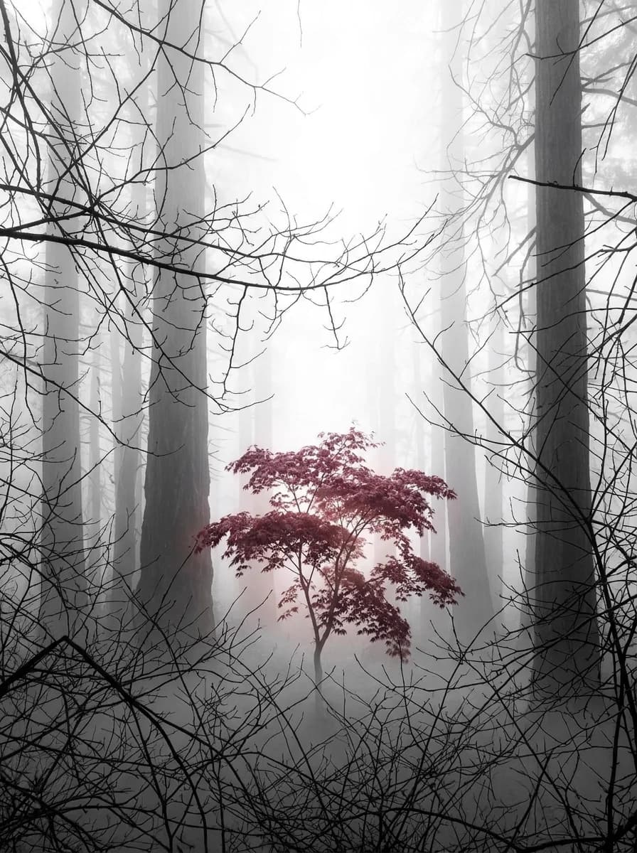 A red tree in a foggy forest