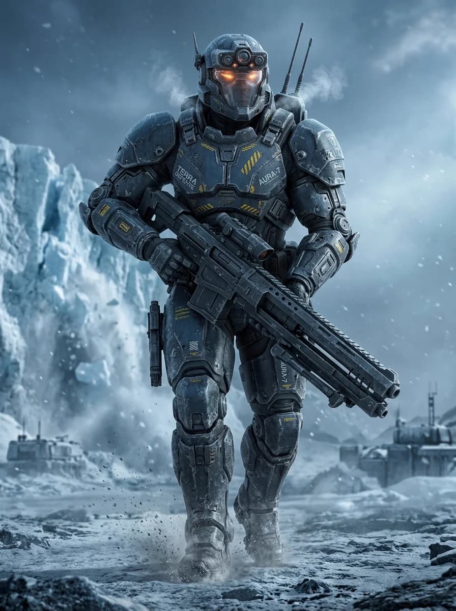 An armoured soldier on an ice field