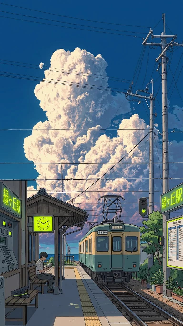 Illustrated train station under towering summer clouds