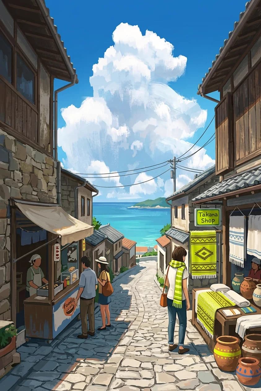 Illustrated village street running down to the sea under big clouds
