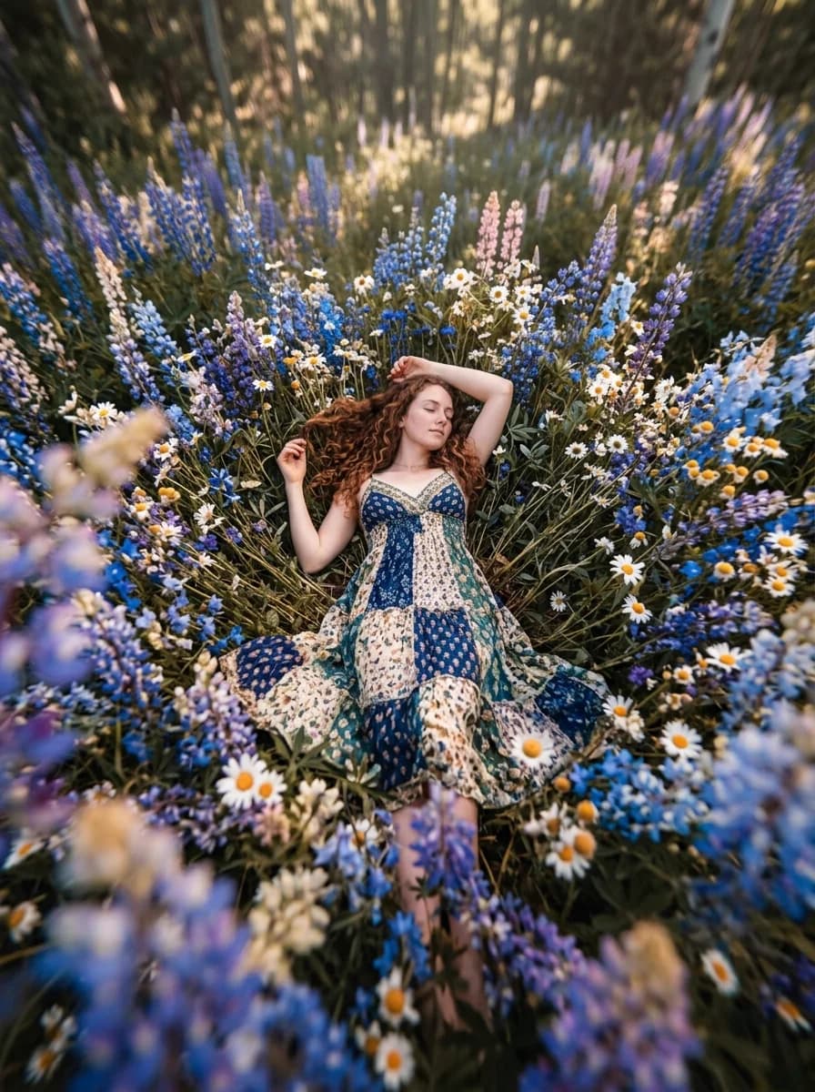 A woman lying in a field of blue flowers