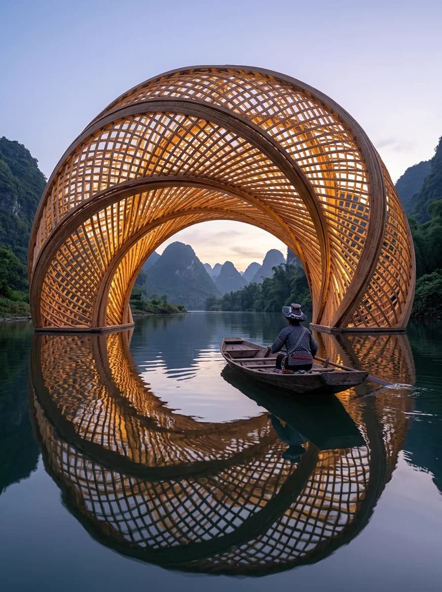 Woven wooden arch over still water