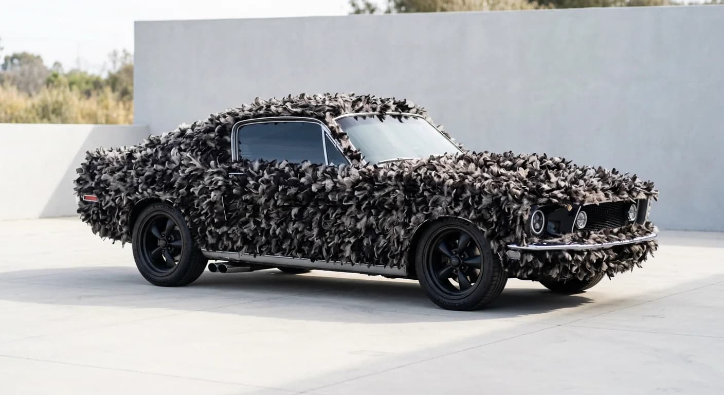 Black muscle car covered in feathers, parked by a white wall